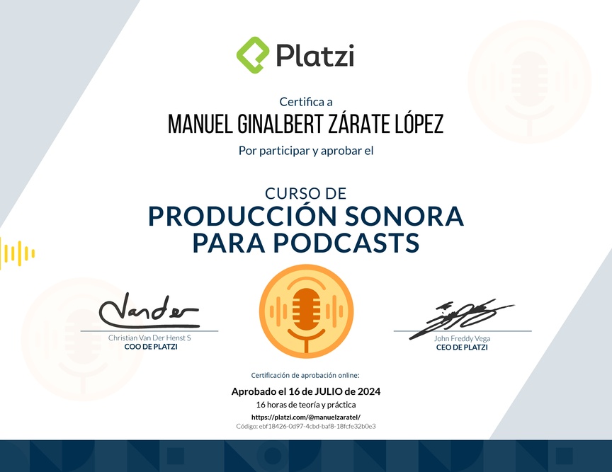 Diploma del Curso de Producción Sonora para Podcasts