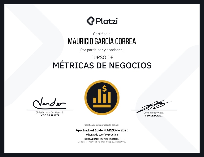 Diploma del Curso de Métricas Esenciales de Negocio