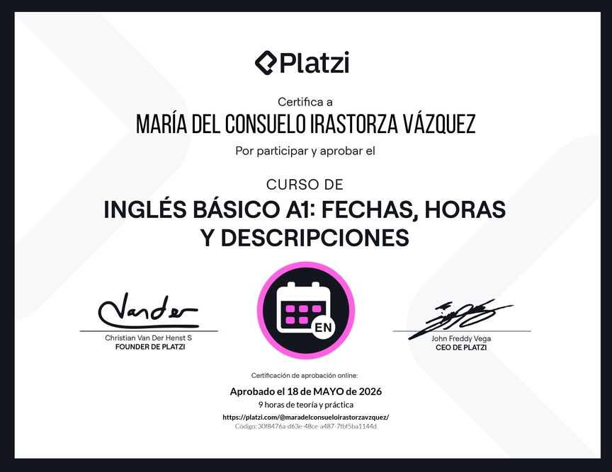 Diploma del Curso de Inglés Básico A1: Fechas, Horas y Descripciones