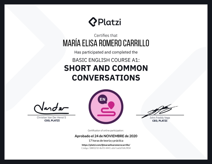 Diploma del Curso de Inglés Básico A1: Conversaciones Cortas y Habituales (2020)