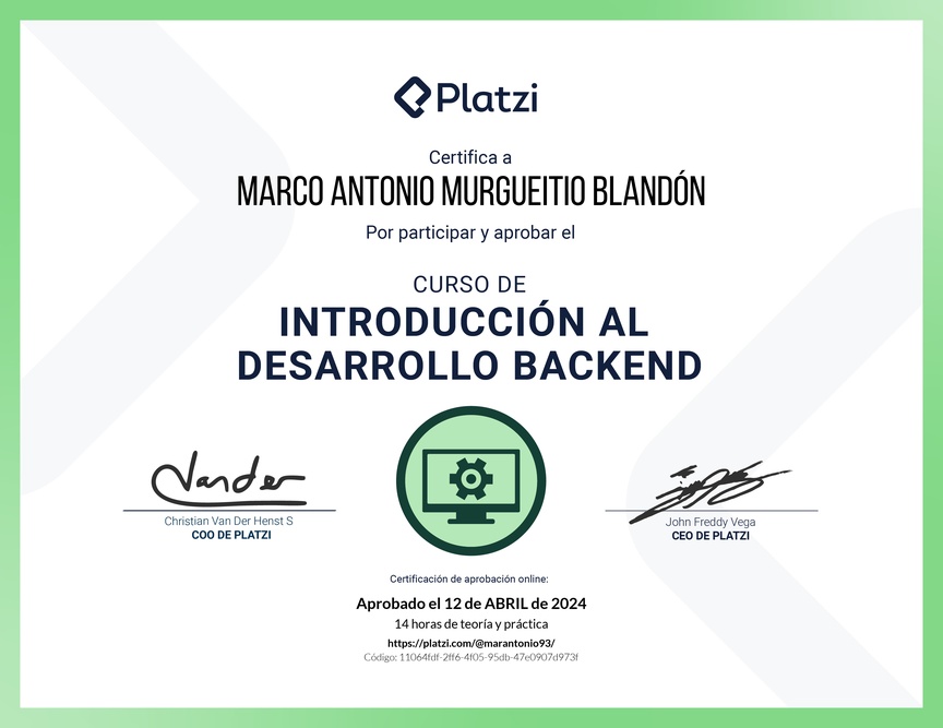 Diploma del Curso de Introducción al Desarrollo Backend