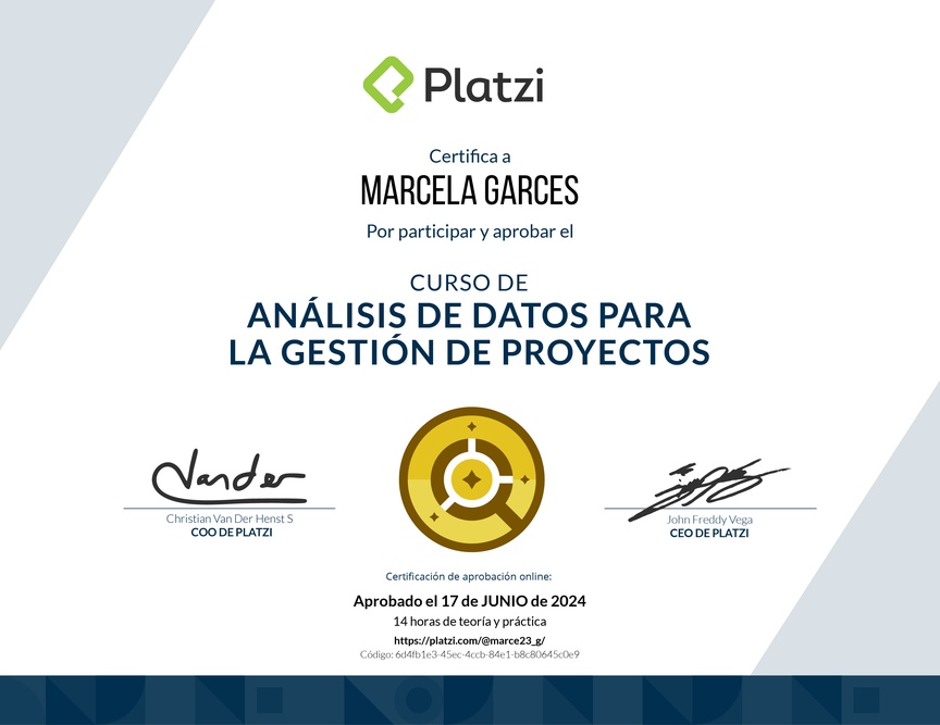 Diploma del Curso de Análisis de Datos para la Gestión de Proyectos
