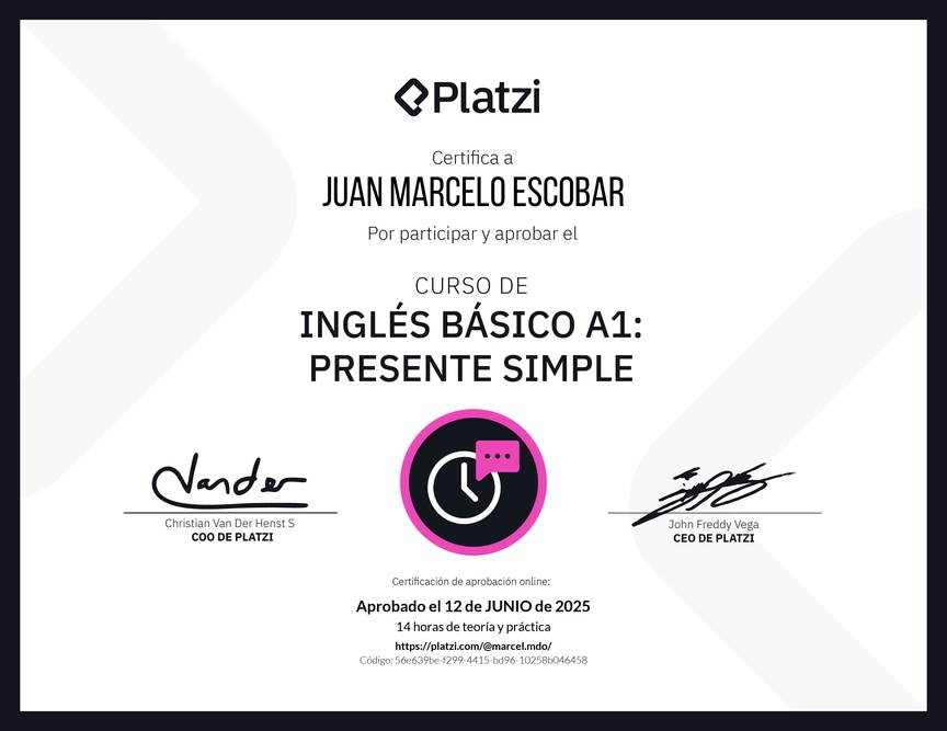 Diploma del Curso de Inglés Básico A1: Presente Simple