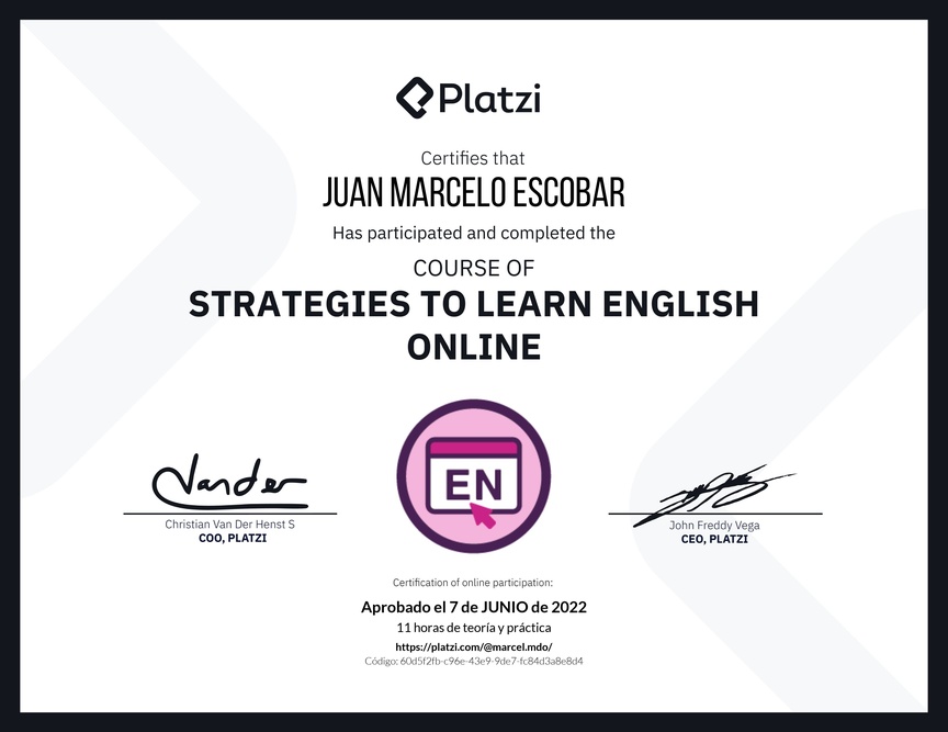 Diploma del Curso Gratis de Estrategias para Aprender Inglés en Línea