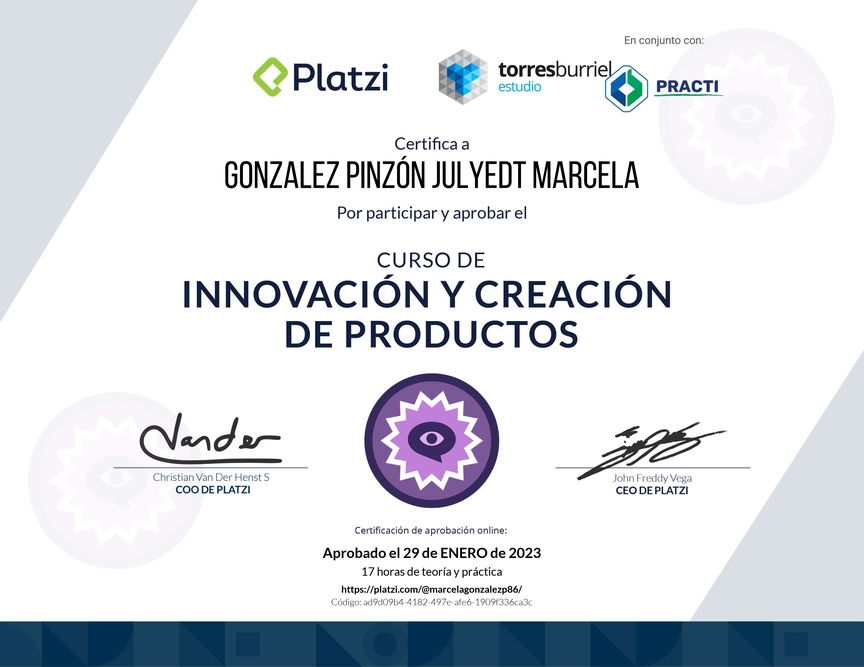 Diploma del Curso de Innovación y Creación de Productos
