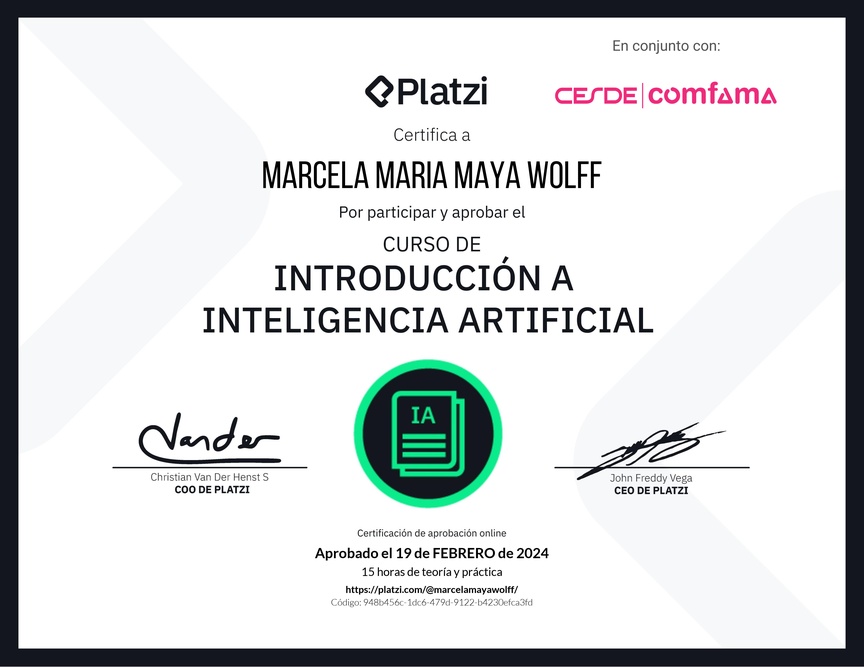 Diploma del Curso de Introducción a Inteligencia Artificial (2023)