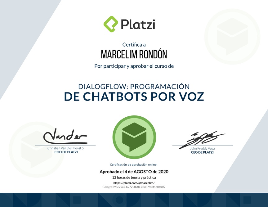 Diploma del Curso de DialogFlow: Programación de Chatbots por voz