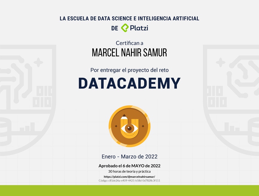 Diploma de Proyecto del #PlatziChallenge Datacademy 2022