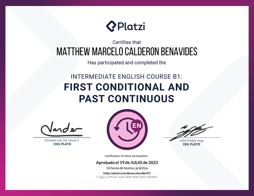 Diploma del Curso de Inglés Intermedio B1: Primer Condicional y Pasado Continuo
