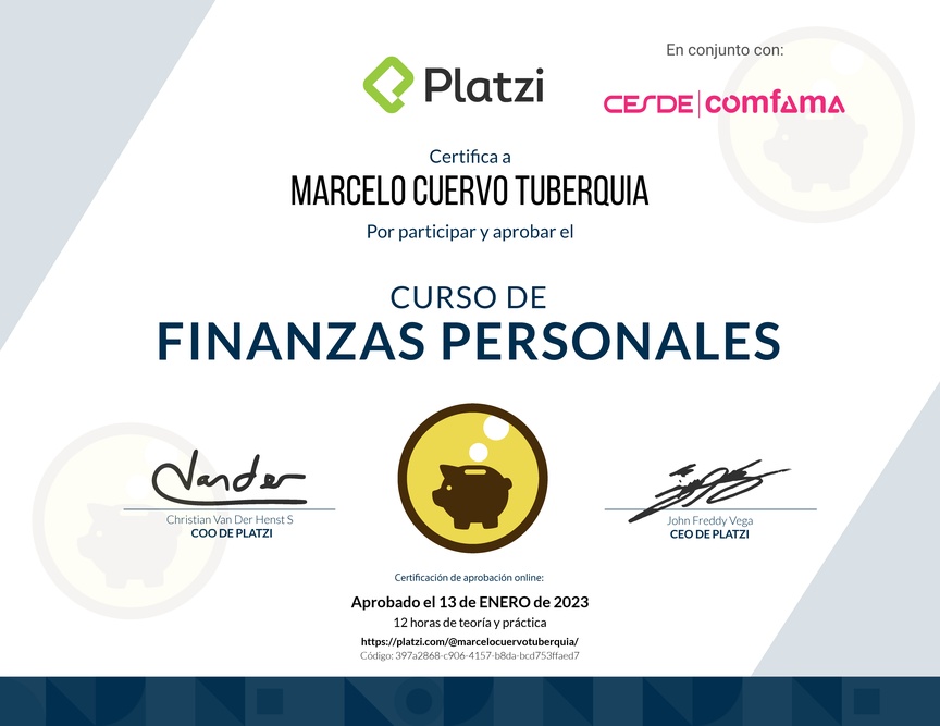 Diploma del Curso de Educación Financiera y Finanzas Personales