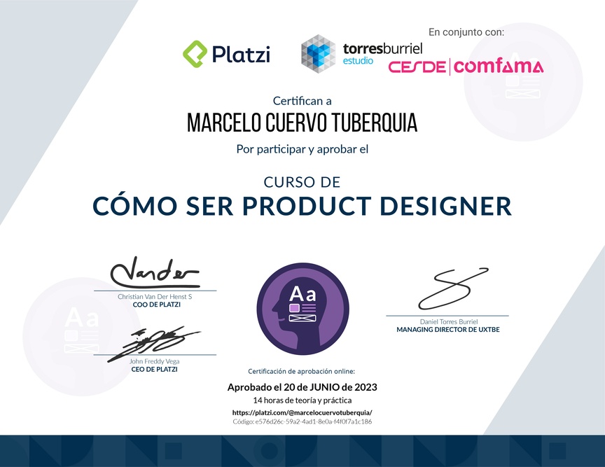 Diploma del Curso de Cómo Ser Product Designer