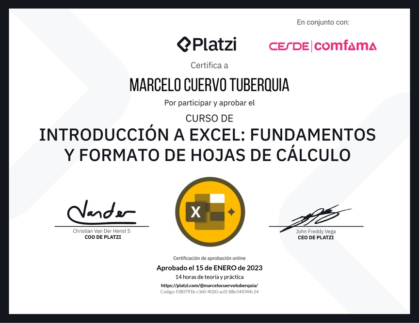 Diploma del Curso de Introducción a Excel para Principiantes: Fundamentos y Formato de Hojas de Cálculo