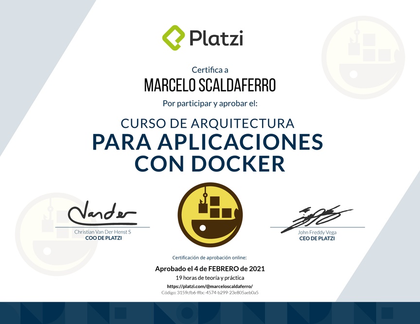 Diploma del Curso de Arquitectura de Aplicaciones con Docker 2018