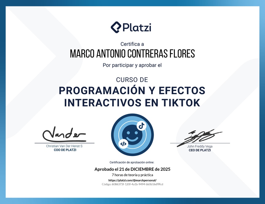 Diploma del Curso de Programación y Efectos Interactivos en TikTok