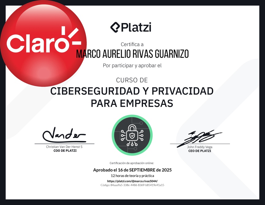 Diploma del Curso de Ciberseguridad y Privacidad para Empresas