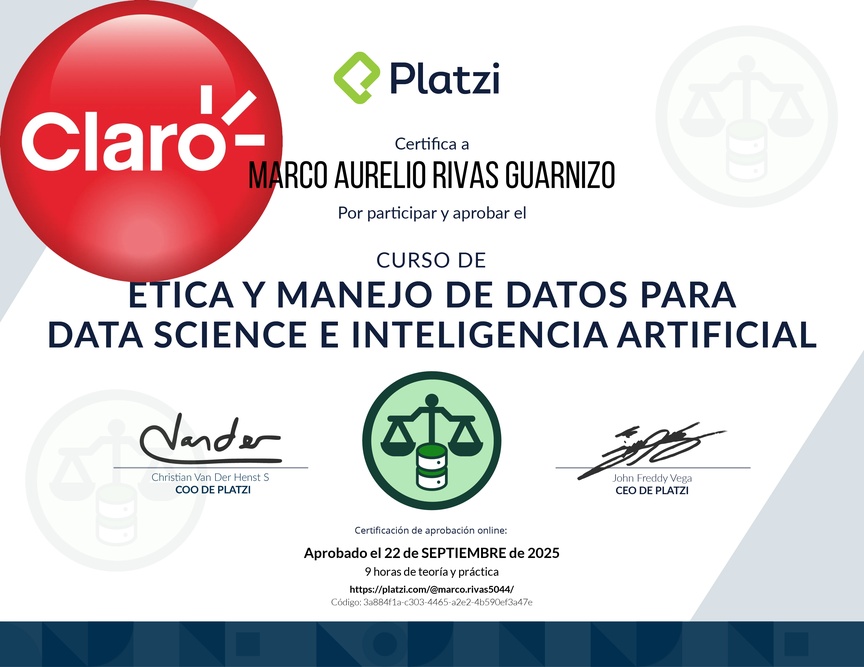 Diploma del Curso de Ética y Manejo de Datos para Data Science e Inteligencia Artificial