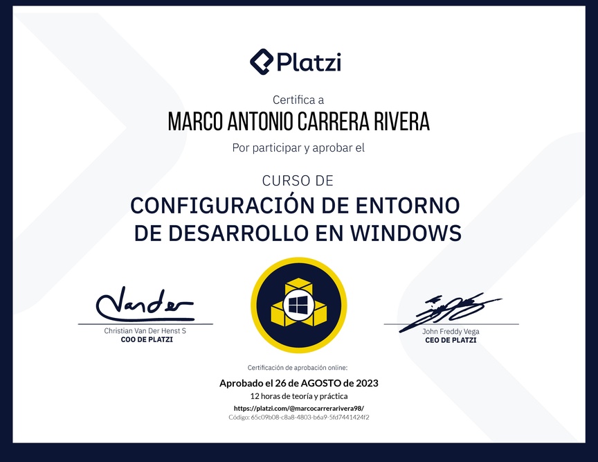Diploma del Curso de Configuración de Entorno de Desarrollo en Windows