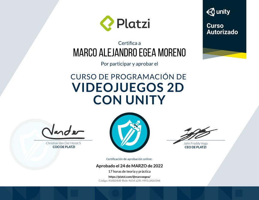 Diploma del Curso de Programación de Videojuegos 2D con Unity