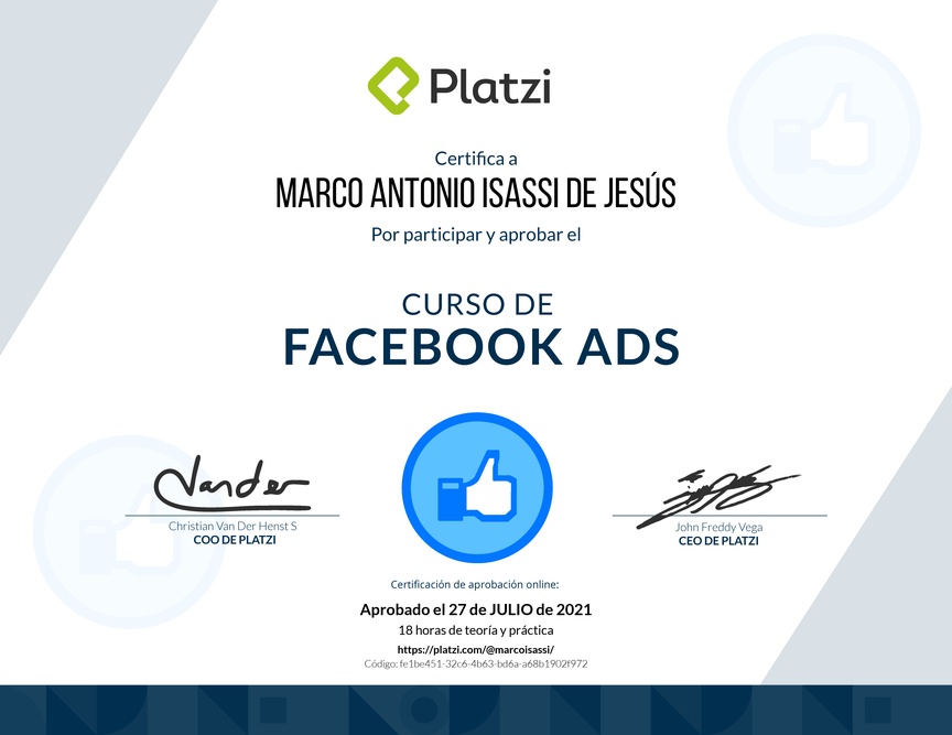 Diploma del Curso de Facebook Ads 2020