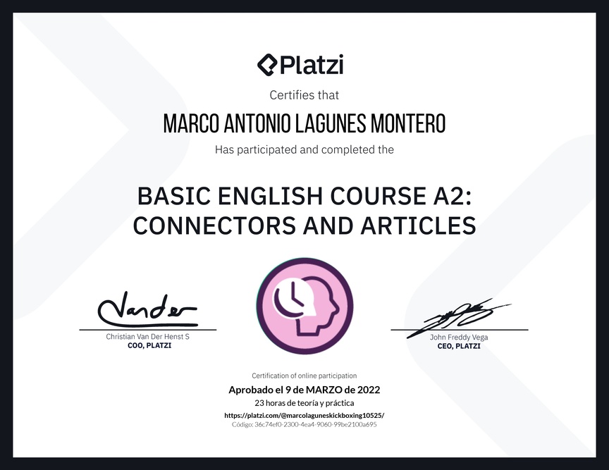 Diploma del Curso de Inglés Básico A2: Conectores y Artículos
