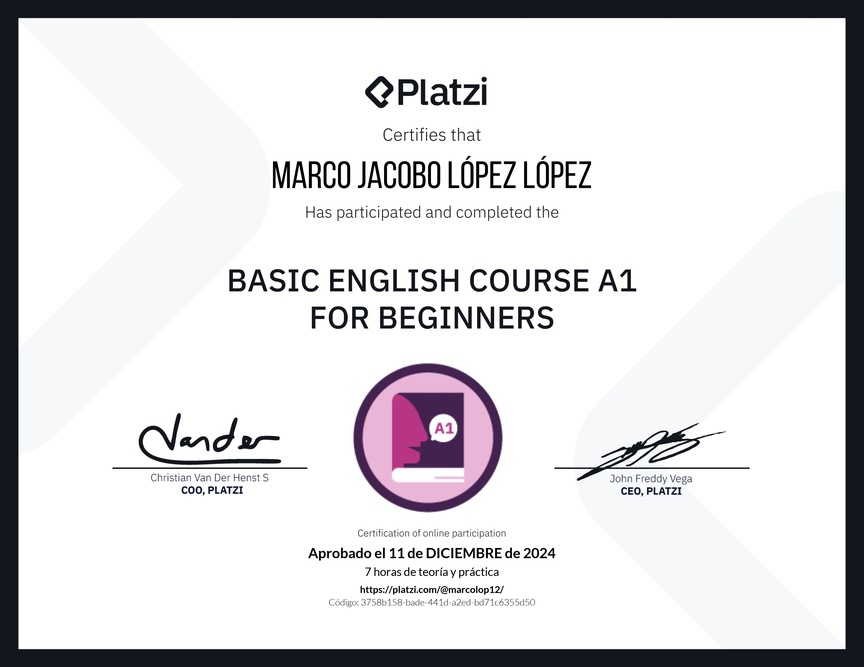 Diploma del Curso de Inglés Básico A1 para Principiantes