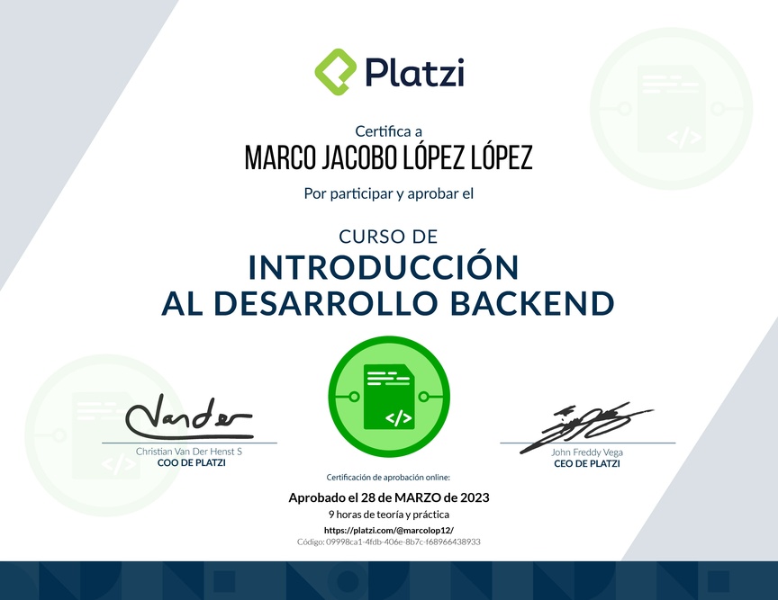Diploma del Curso de Introducción al Desarrollo Backend