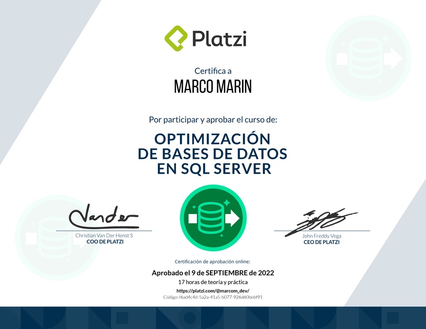 Diploma del Curso de Optimización de Bases de Datos en SQL Server