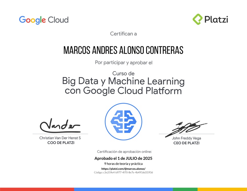 Diploma del Curso de Big Data y Machine Learning con Google Cloud Platform
