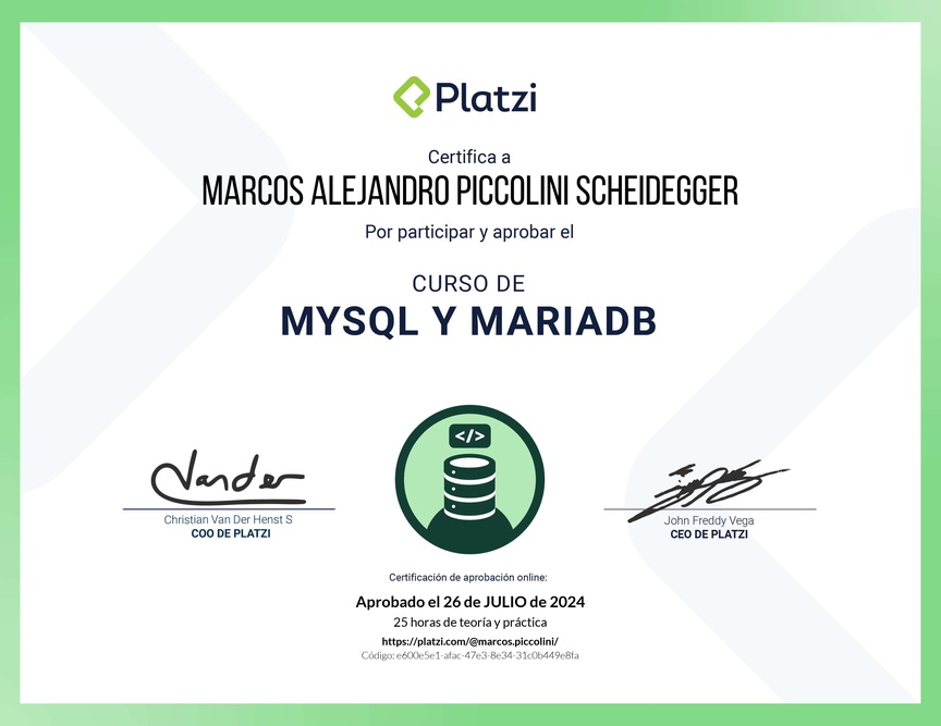 Diploma del Curso de Bases de Datos con MySQL y MariaDB