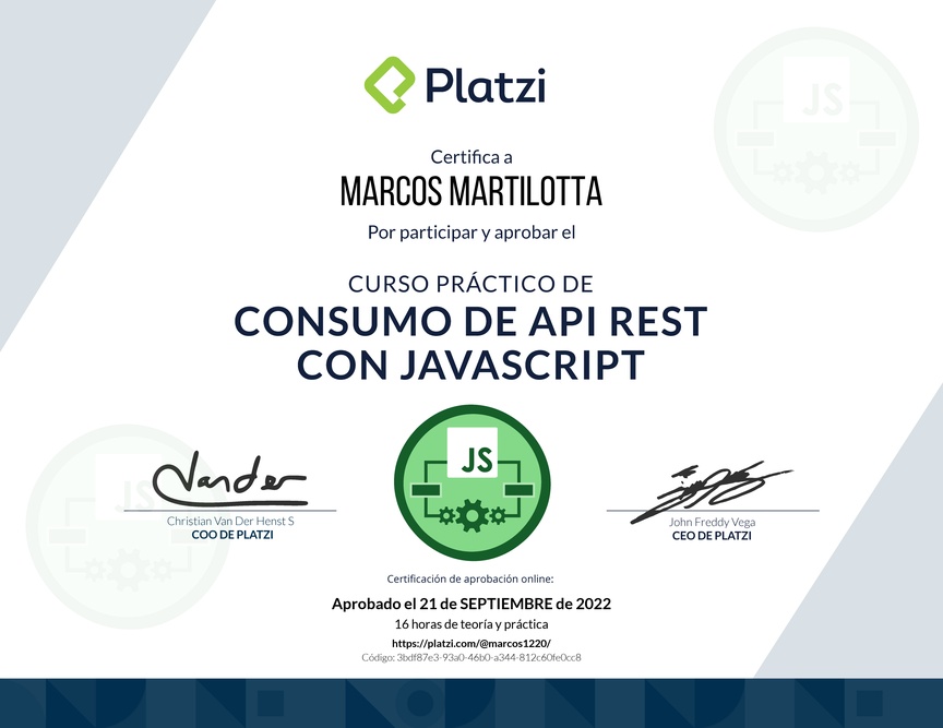 Diploma del Curso de API REST con Javascript: Ejemplos con APIs reales