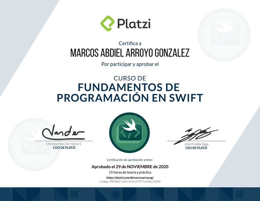 Diploma del Curso de Introducción a Swift (2019)