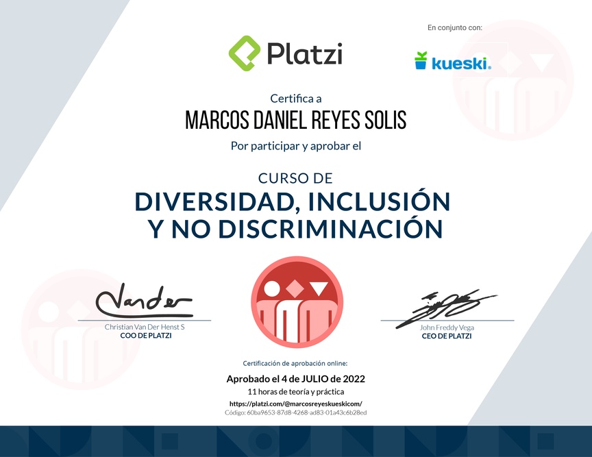 Diploma del Curso de Diversidad, Inclusión y No Discriminación