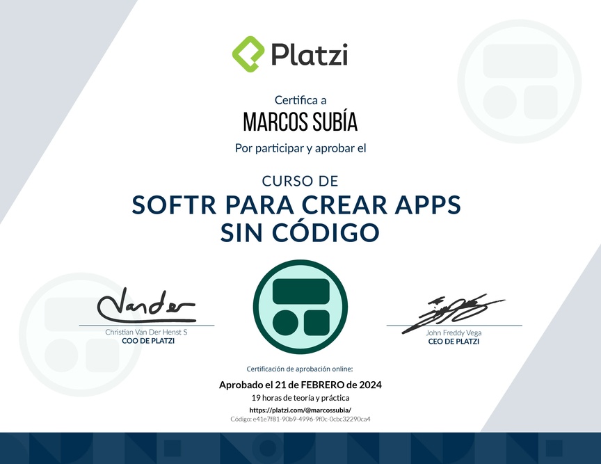 Diploma del Curso de No-Code con Softr para Crear Apps sin Código