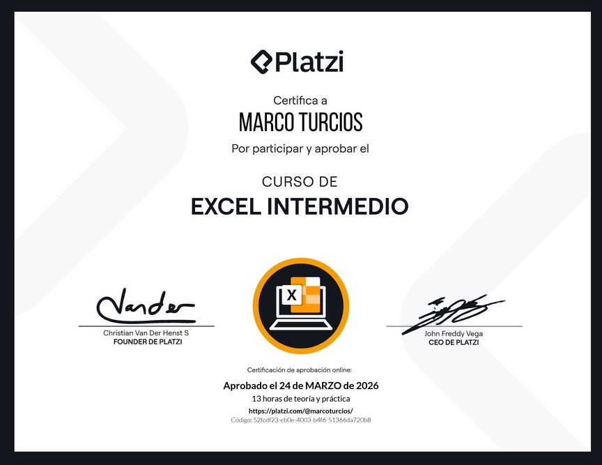 Diploma del Curso de Excel Intermedio