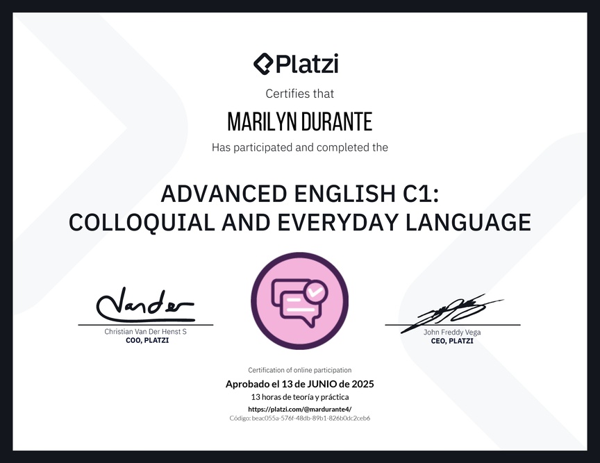 Diploma del Curso de Inglés Avanzado C1: Lenguaje Coloquial y Habitual