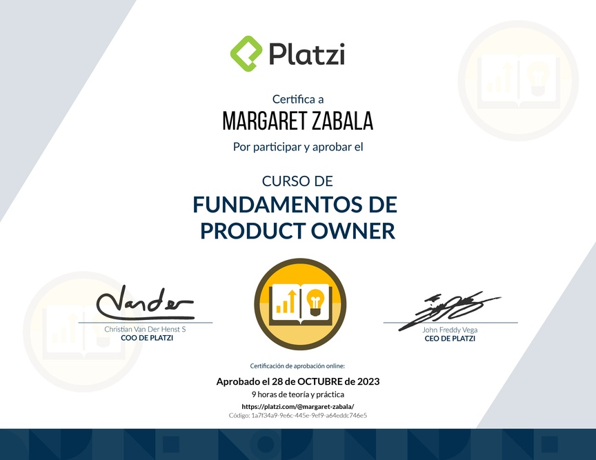 Diploma del Curso de Fundamentos de Product Owner