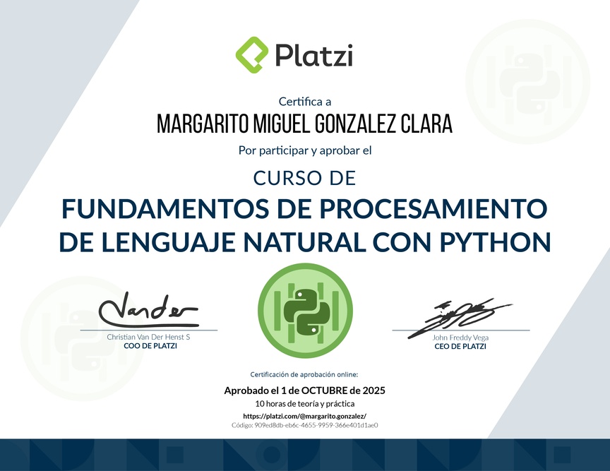 Diploma del Curso de Fundamentos de Procesamiento de Lenguaje Natural con Python y NLTK