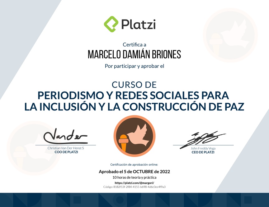 Diploma del Curso de Periodismo y Redes Sociales para la Inclusión y la Construcción de Paz