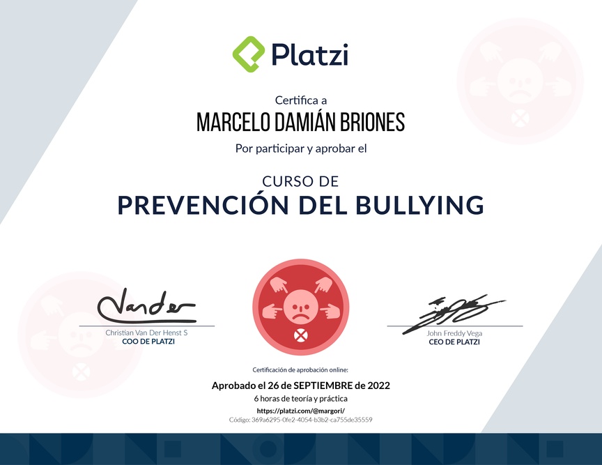 Diploma del Curso de Prevención del Bullying