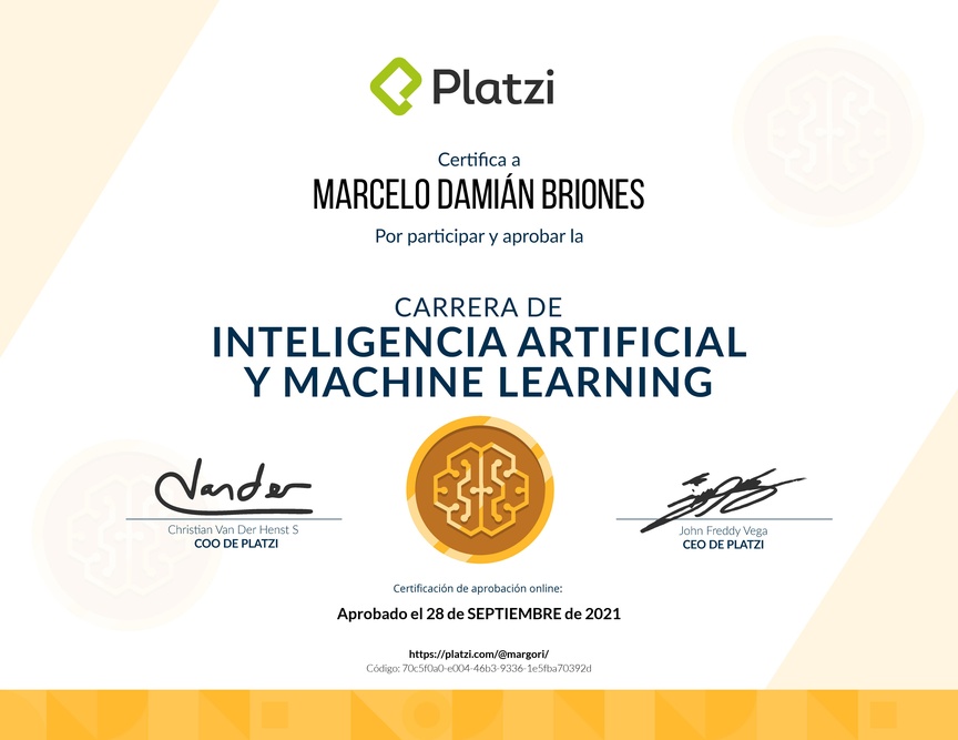 Diploma de la Ruta de Aprendizaje de Inteligencia Artificial y Machine Learning