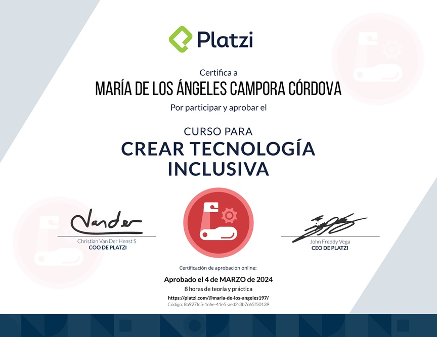 Diploma del Curso de Diseño de Tecnología Inclusiva para Personas en Condición de Discapacidad