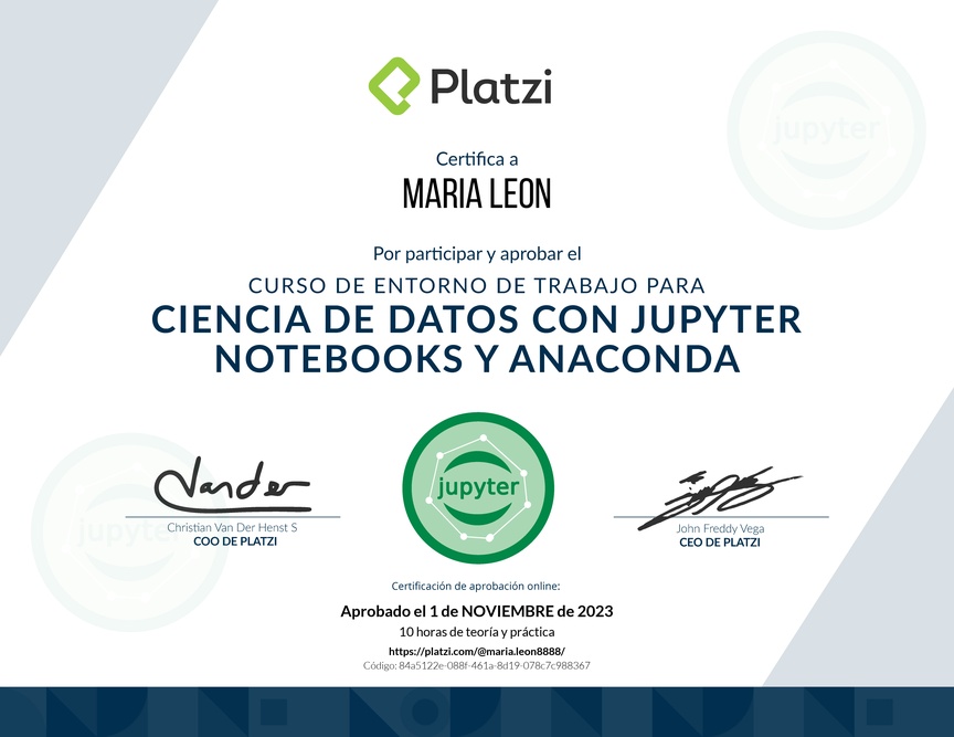Diploma del Curso de Entorno de Trabajo para Ciencia de Datos con Jupyter Notebooks y Anaconda