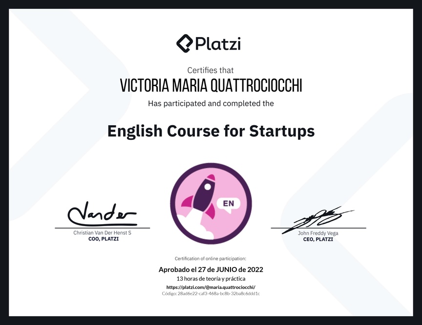 Diploma del Curso para Startups en Inglés (2021)