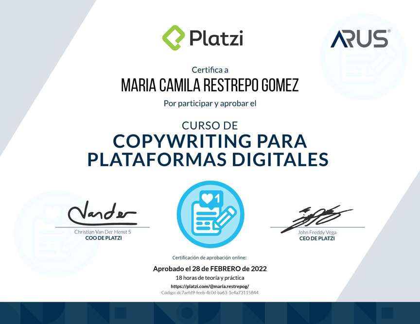 Diploma del Curso de Copywriting para Plataformas Digitales
