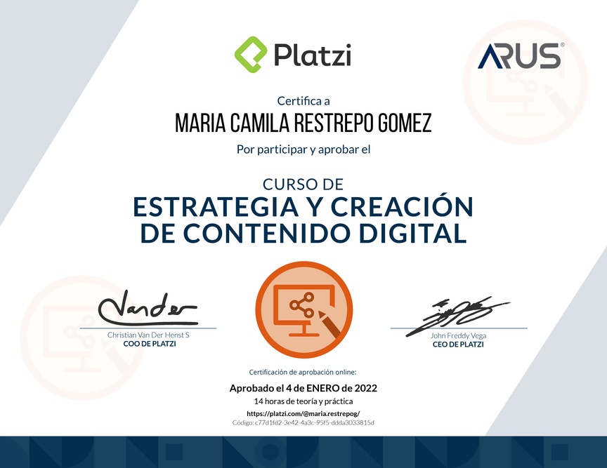 Diploma del Curso de Estrategia y Creación de Contenido Digital
