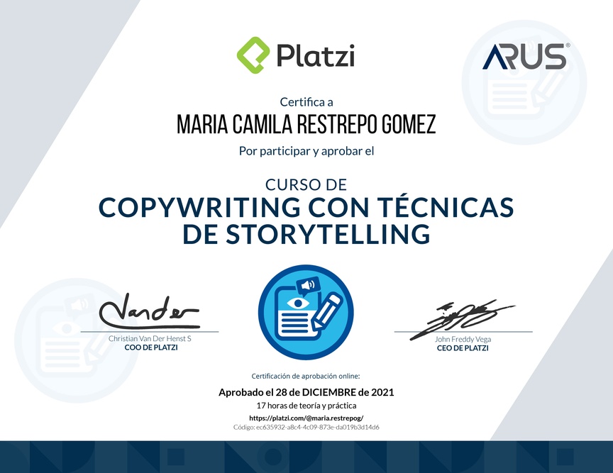 Diploma del Curso de Copywriting con Técnicas de Storytelling