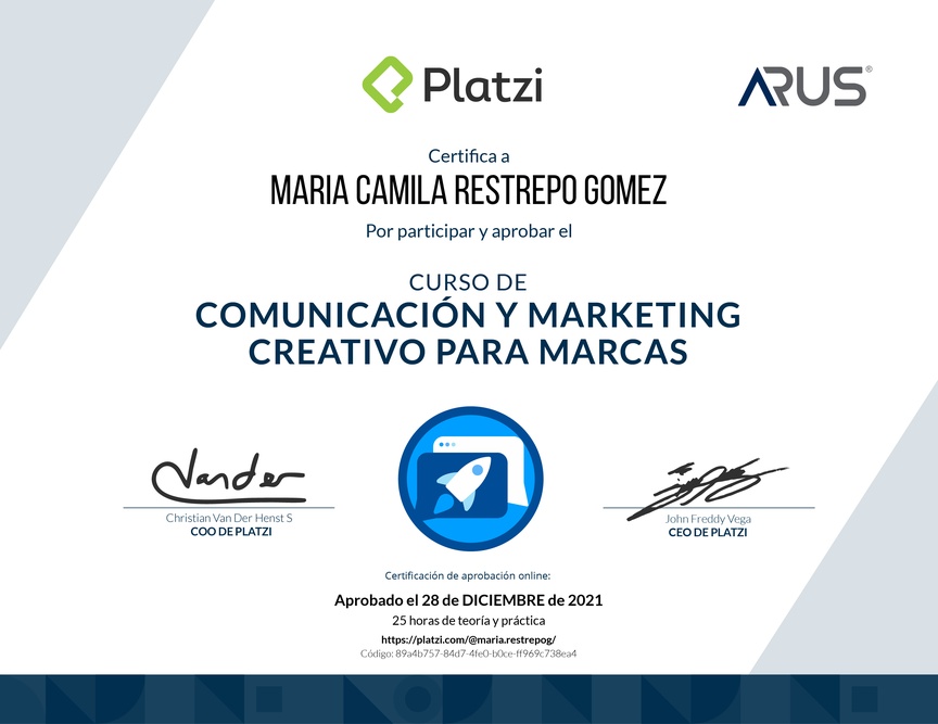 Diploma del Curso de Desarrollo de Estrategias Creativas de Comunicación para Marcas