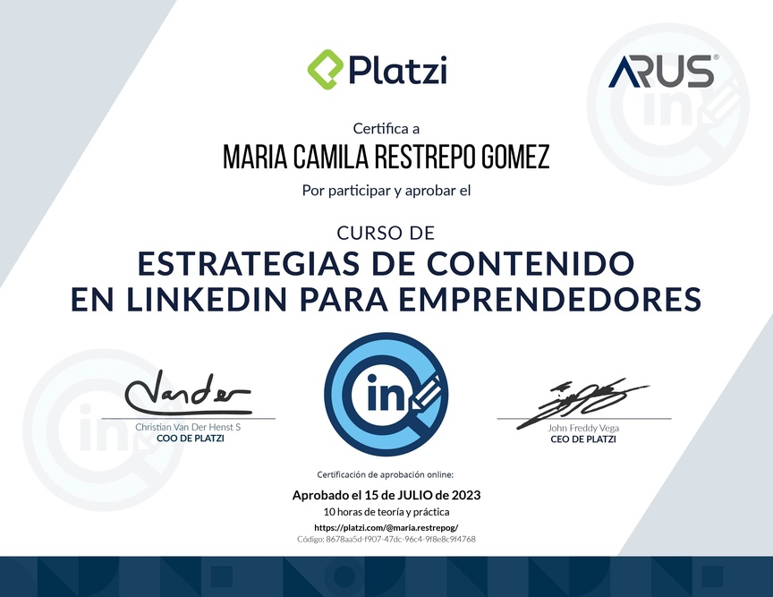Diploma del Curso de Estrategia de Contenido en LinkedIn para Emprendedores