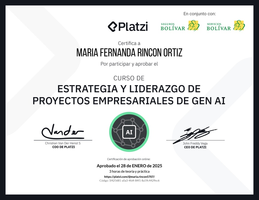 Diploma del Curso de Estrategia y Liderazgo de Proyectos Empresariales de Gen AI