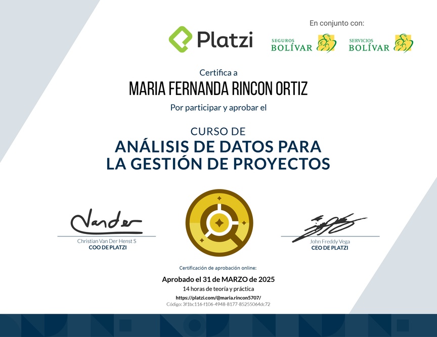 Diploma del Curso de Análisis de Datos para la Gestión de Proyectos